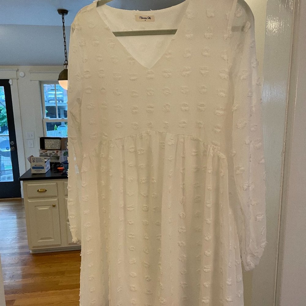 White polka dot knee-length long-sleeve dress